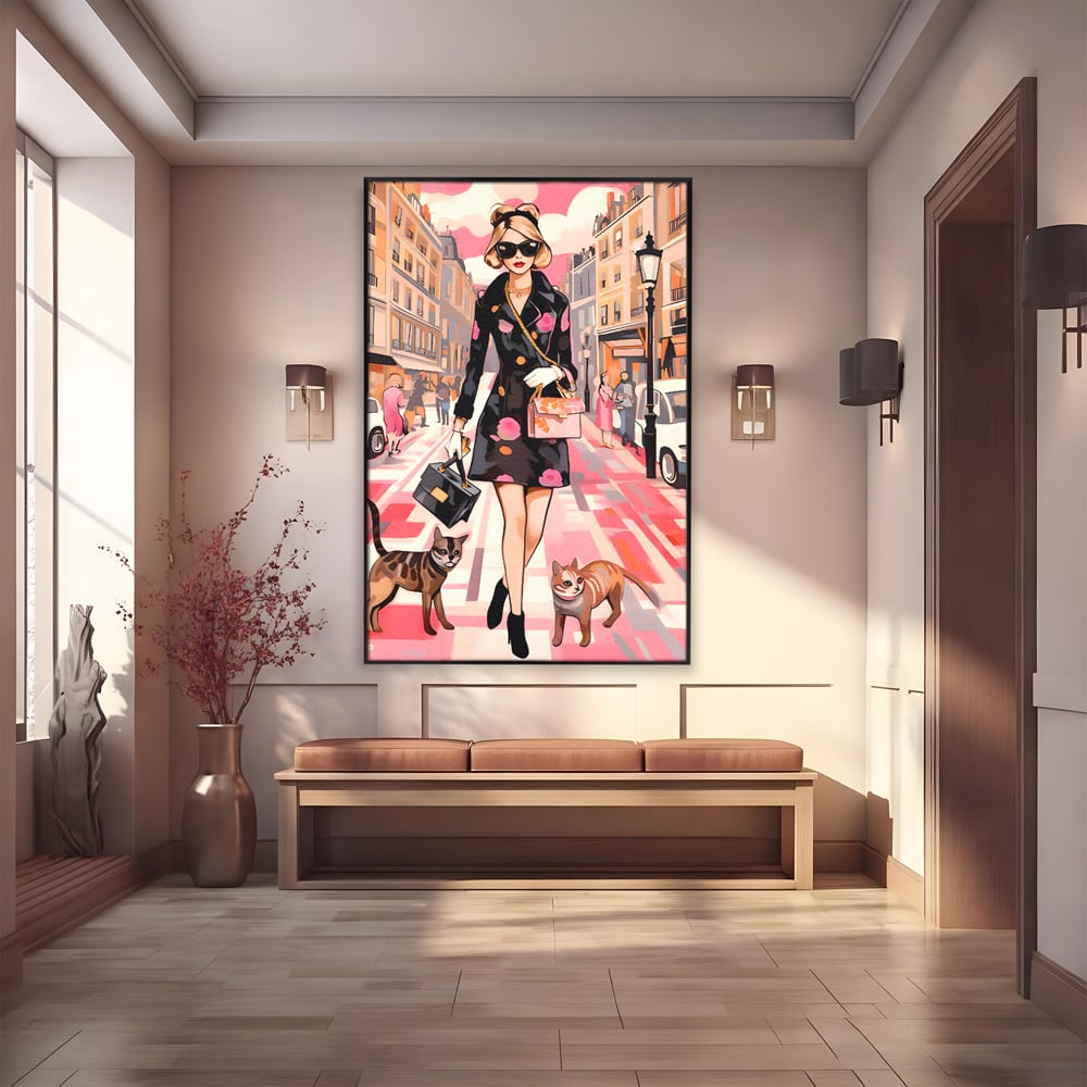 Tablou canvas cu ilustratie fashion cu femeie si pisici, in rama de aluminiu negru